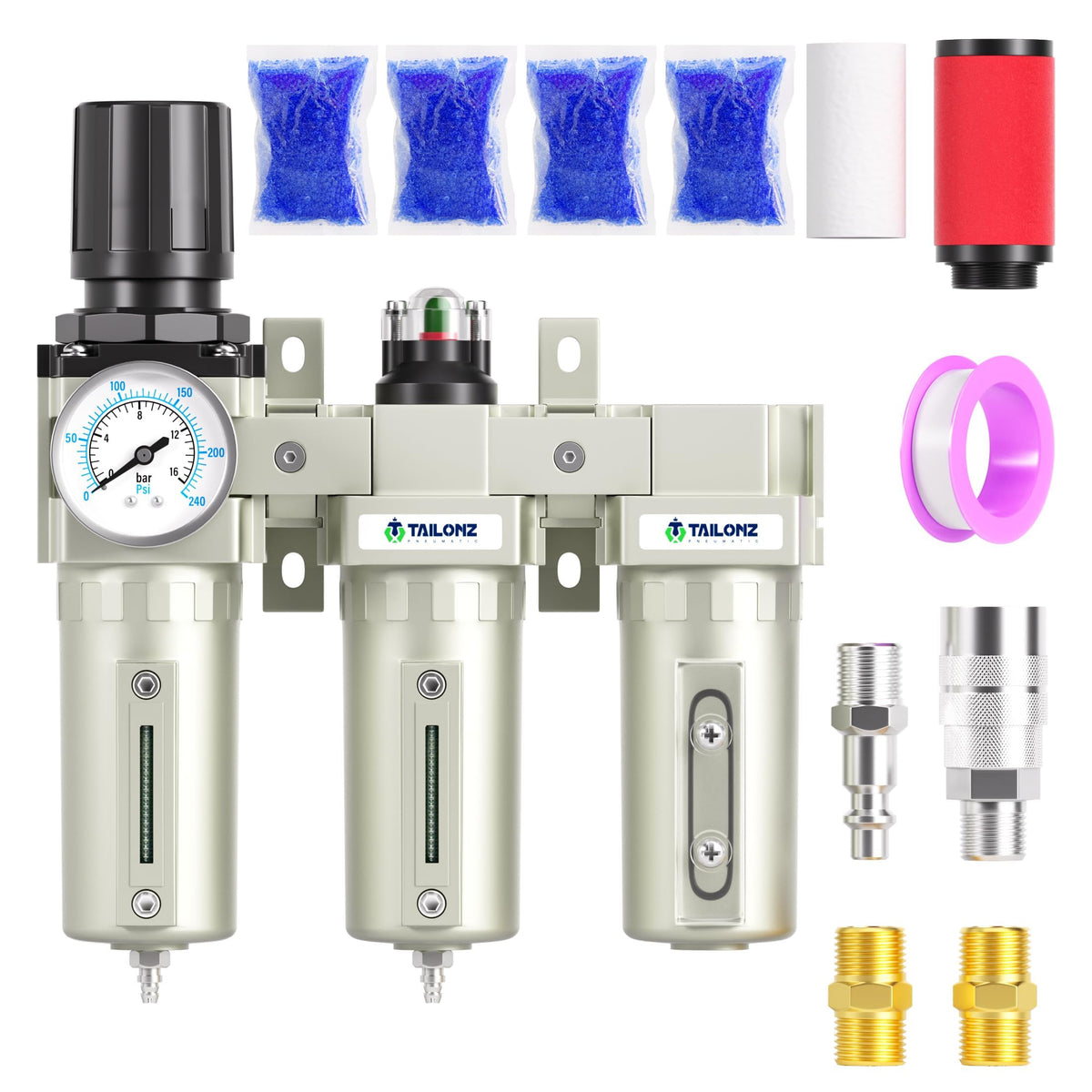 0-240PSI 3/4 Inch NPT Industrial Grade Three Stage Air Drying System, Particulate Filter,Desiccant Dryer and Air Regulator,Coalescing Filter (Manual Drainage) (3/4