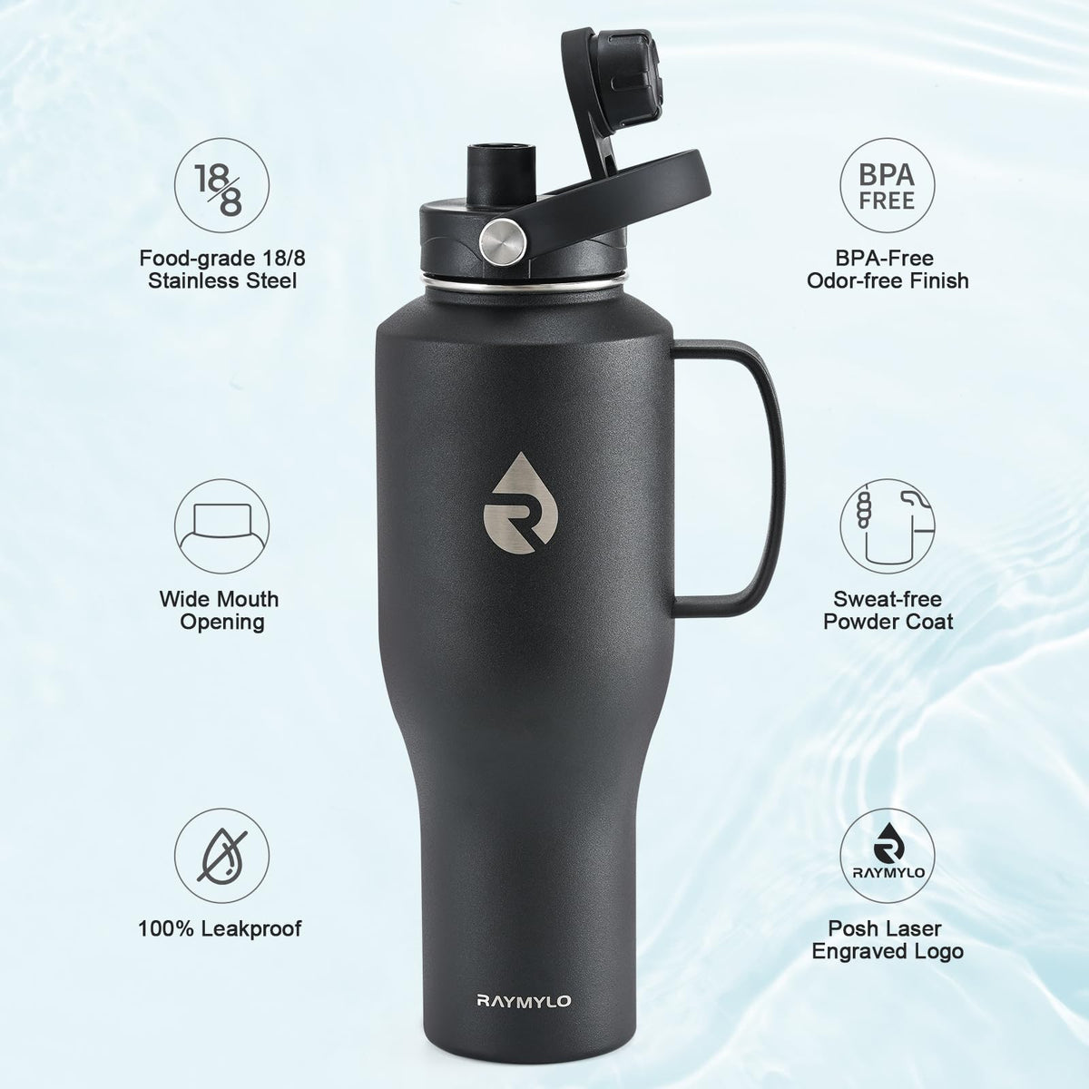 32 oz Insulated Water Bottle with Handle (Magic Black / 32 Ounces)