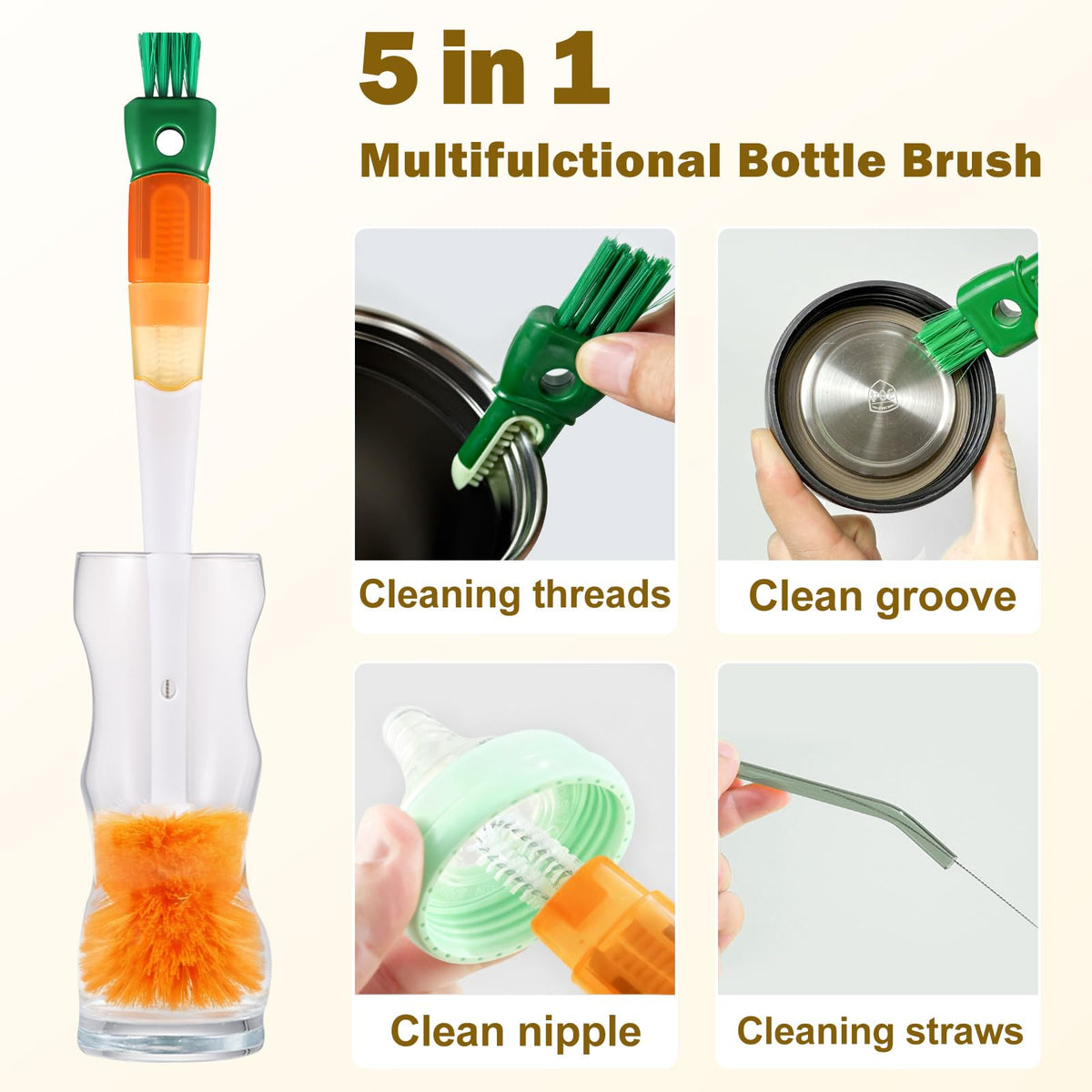 5Pcs Water Bottle Cleaner Brush Set 5 in 1 Cup Straw Cleaning Brush (Orange)