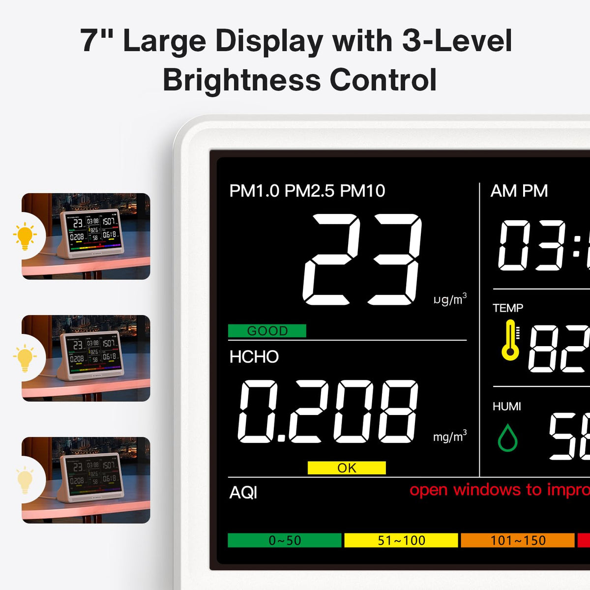 16 in 1 Air Quality Monitor Indoor 12Hrs Battery 7" Wildfire CO2 Monitor (12H & White / Standard)