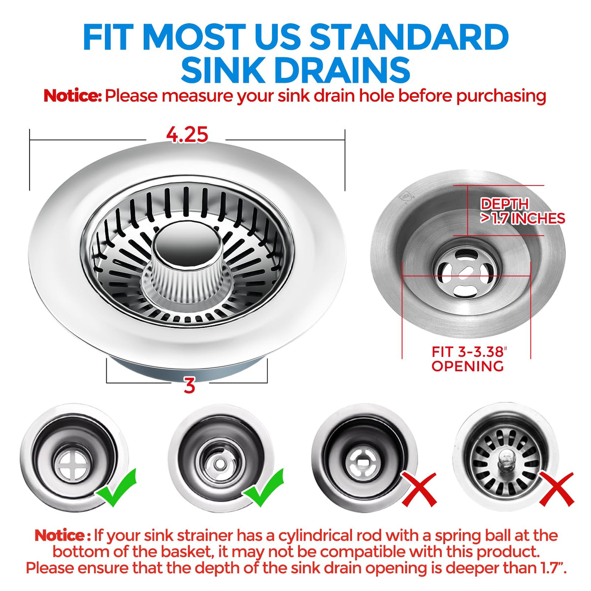 3 in 1 Kitchen Sink Drain Strainer Stopper Removable Basket Pop (Chrome Silver)