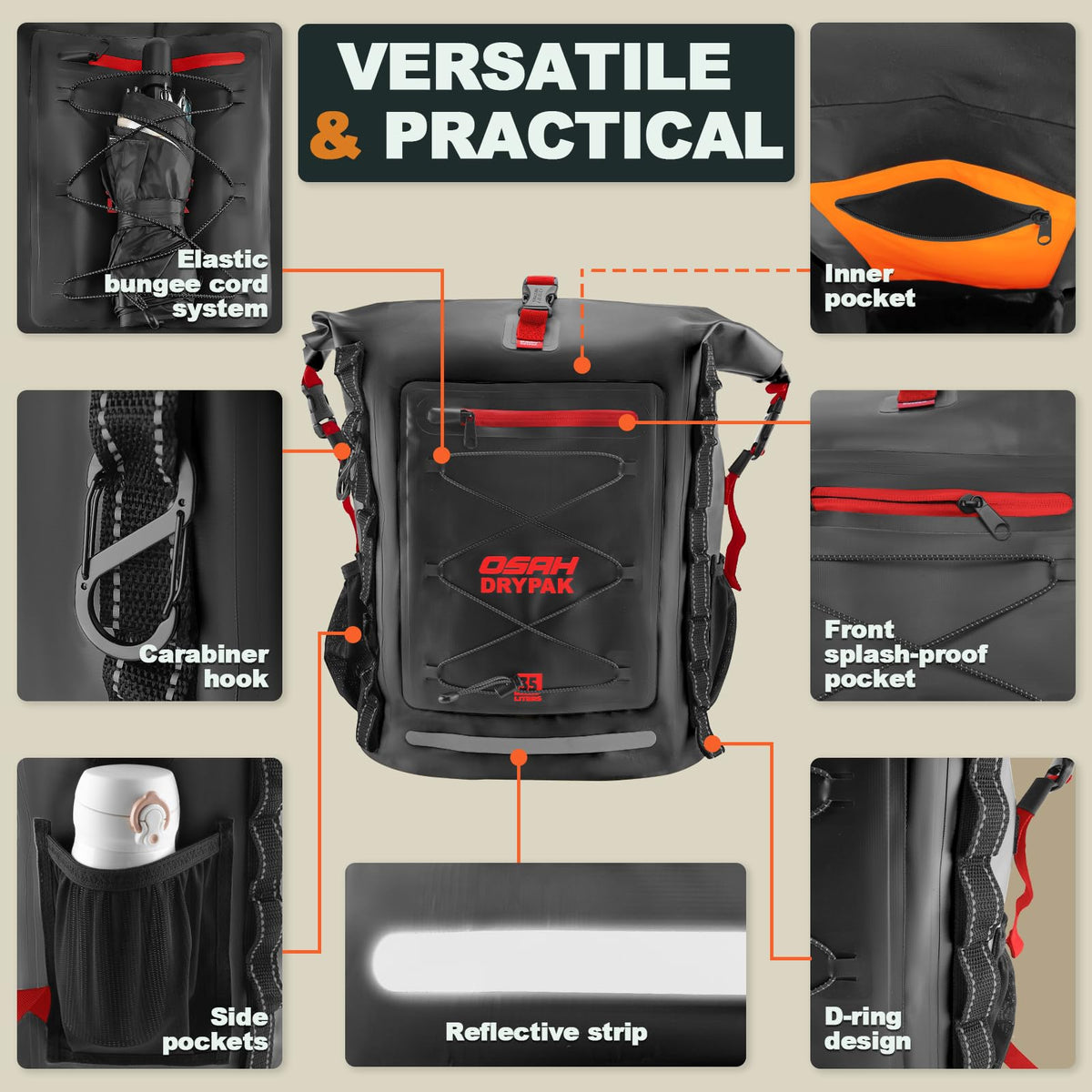 Waterproof Backpack Dry Bag 25L (Black Red / 55L)
