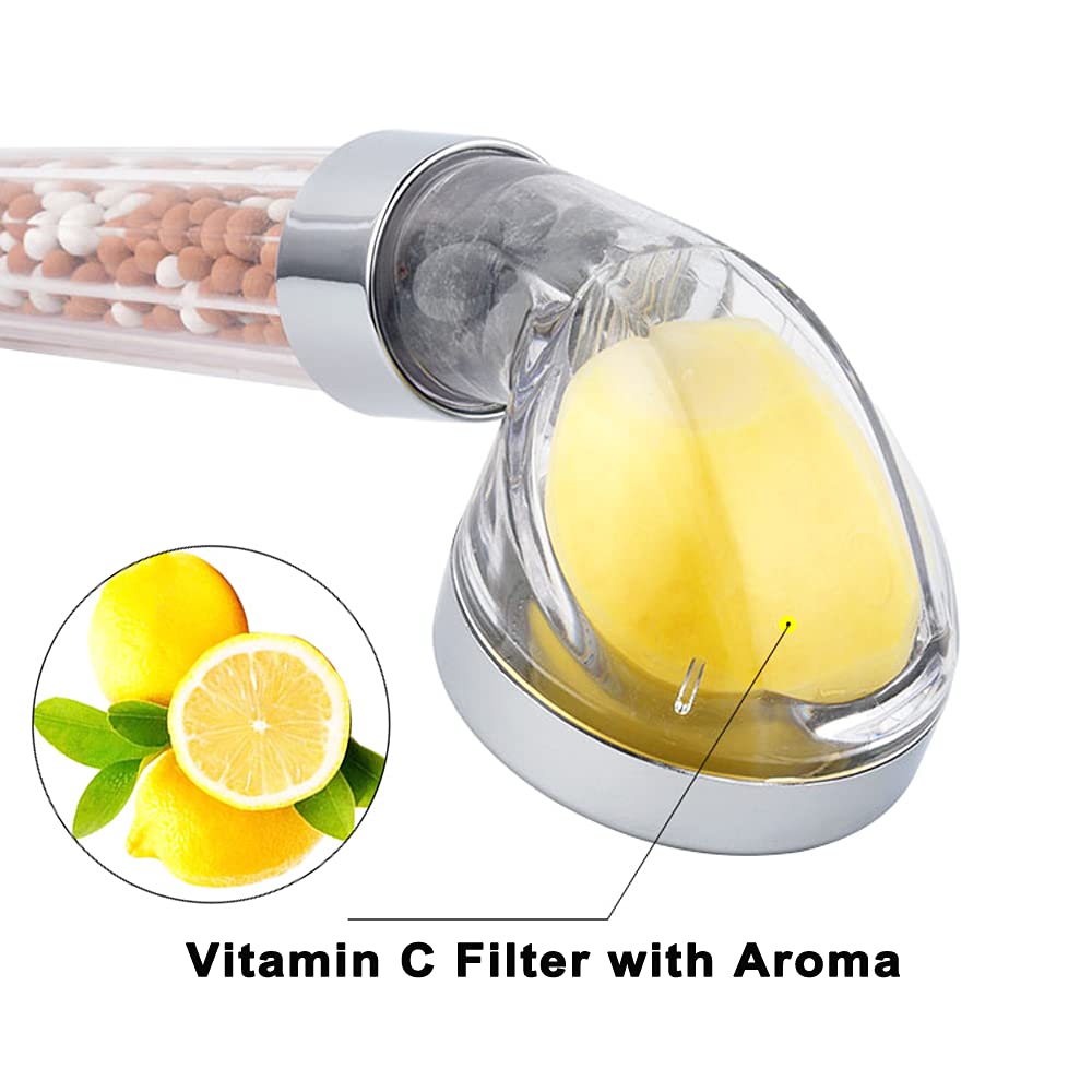 Vitamin C Filtered High Pressure Handheld Shower Head with Bracket and Metal Hose Purifying Hard Water Softener Chlorine Flouride Filter Aroma Showerhead Fresh Dry Skin & Hair Loss (Aroma Filter Showerhead Transparent)