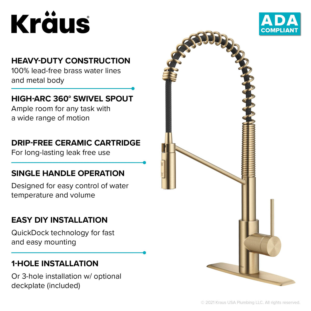 Oletto Commercial Style Single Handle Pull Down Kitchen Faucet with QuickDock Top Mount Installation Assembly in Spot Free Antique Champagne Bronze (Spot-Free Antique Champagne Bronze / Commercial Style Faucet)