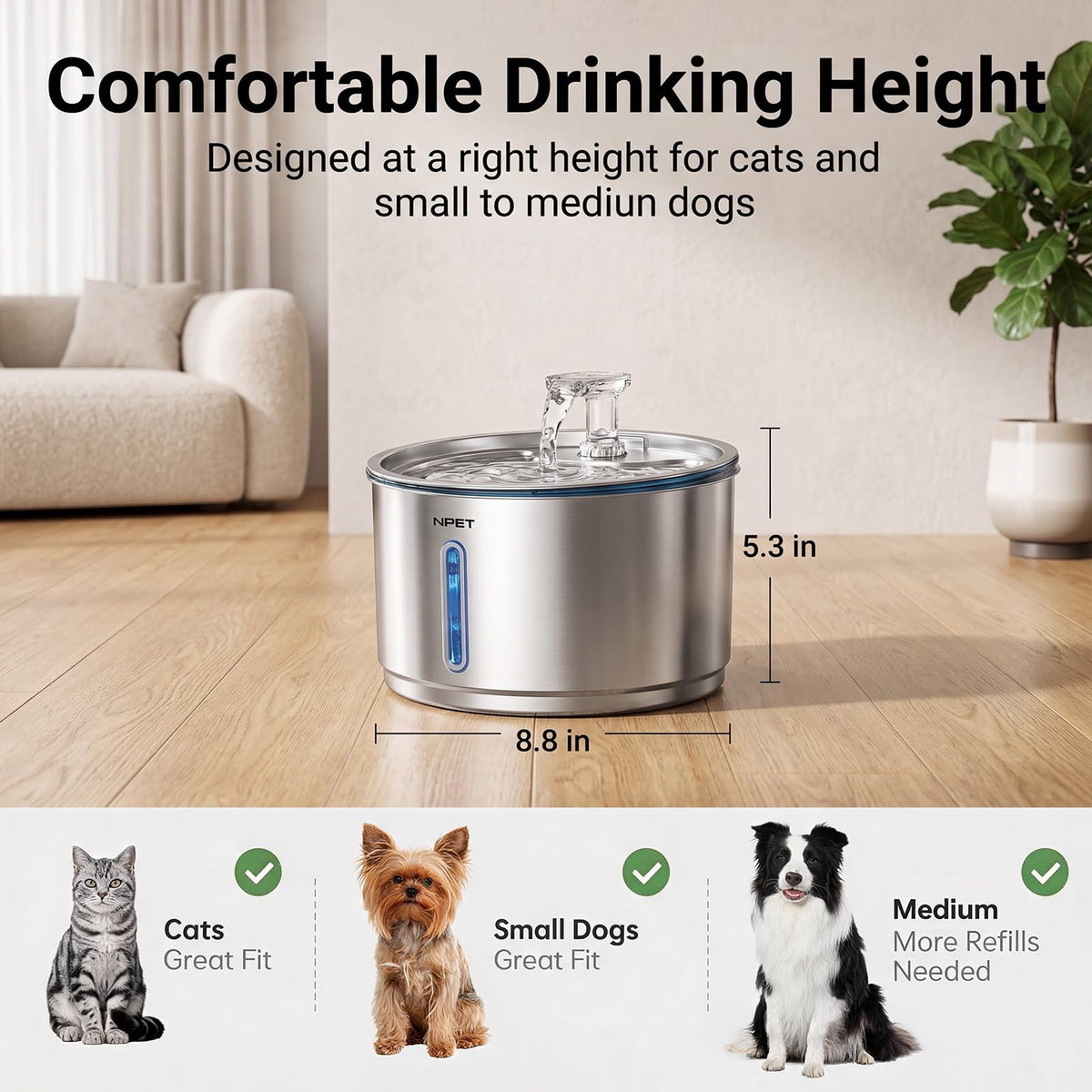 Stainless Steel Cat Water Fountain with 3 Replacement Filters