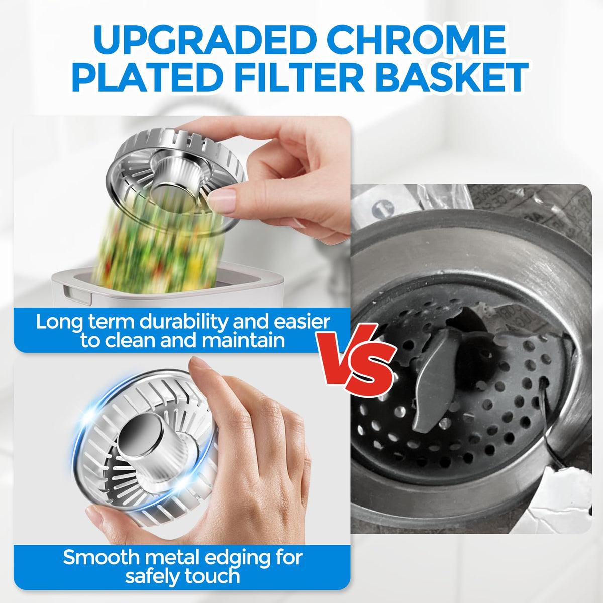 3 in 1 Kitchen Sink Drain Strainer Stopper Removable Basket Pop (Chrome Silver)