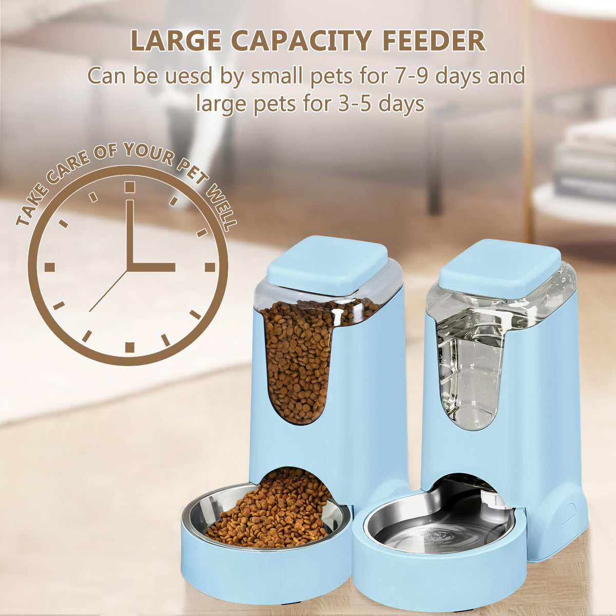 Portable Automatic Cat Feeder and Water Dispenser with Stainless Steel Bowl Dog Gravity Food Feeder and Waterer for Small Medium Pets Puppy Kitten 1 Gallon x 2 (Sky Blue)