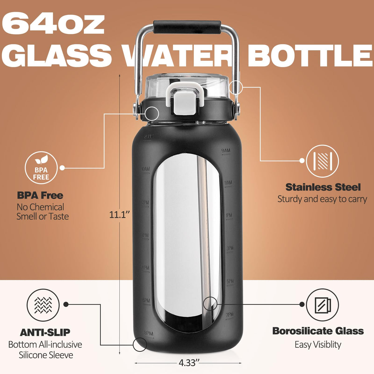 64oz Water Bottle Glass with Stainless Steel Handle Large Water Bottle with Time Markers and Silicone Sleeve Half Gallon Water Jug BPA Free for Gym Daily Use (Black / 64 Ounces)