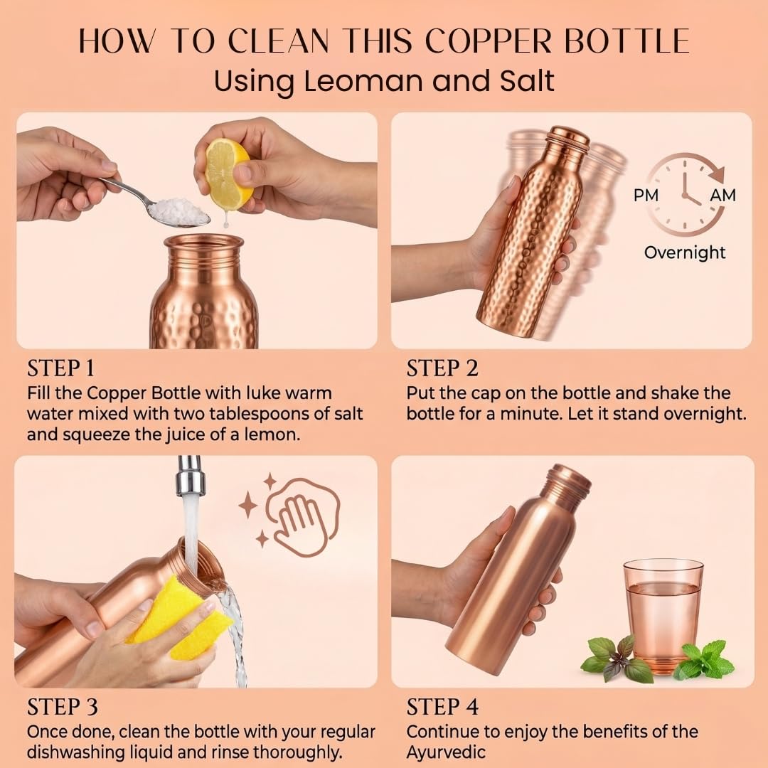 100% Pure Copper Water Bottle (Plain & Hammered Combo)