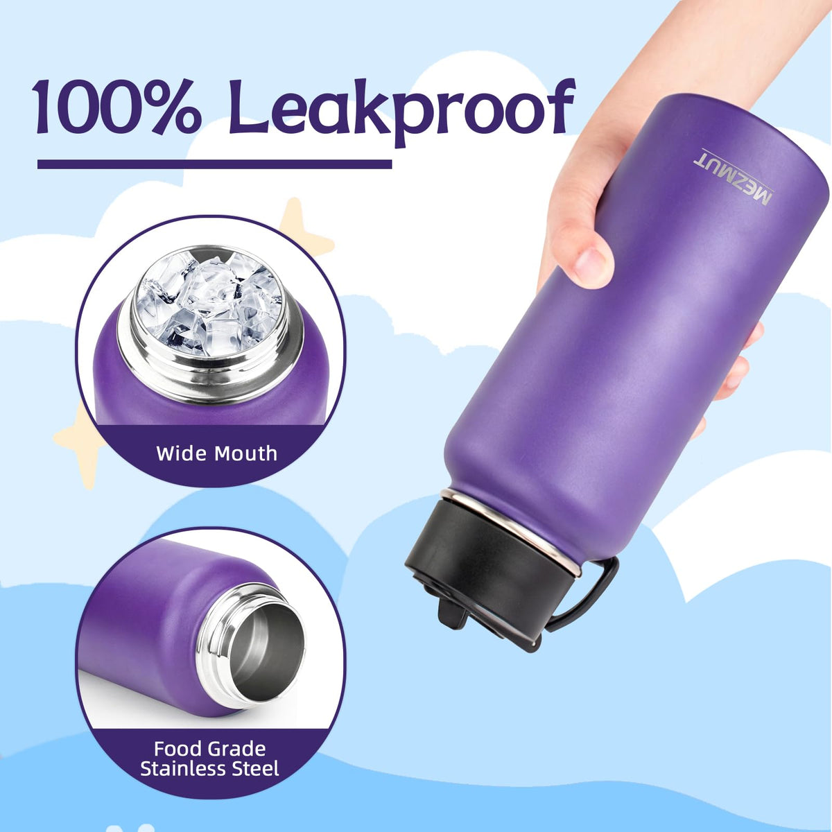 32oz Metal Sports Insulated Water Bottle with Straw Lid (Purple-1 Lid)