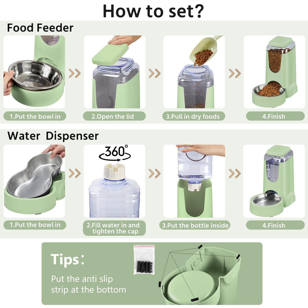 2 Pack Automatic Cat Feeder and Stainless Steel Water Dispenser (1 Gallon x 2 - Green)