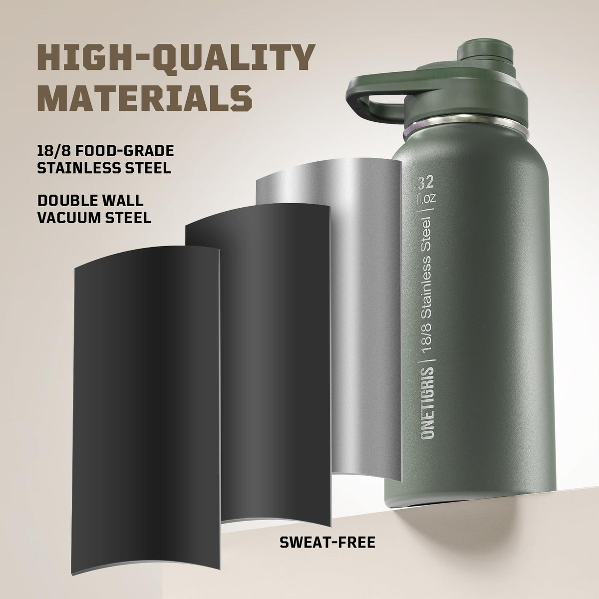 32oz Insulated Tactical Water Bottle with Straw & MOLLE Sleeve (Green / 32 Ounces)
