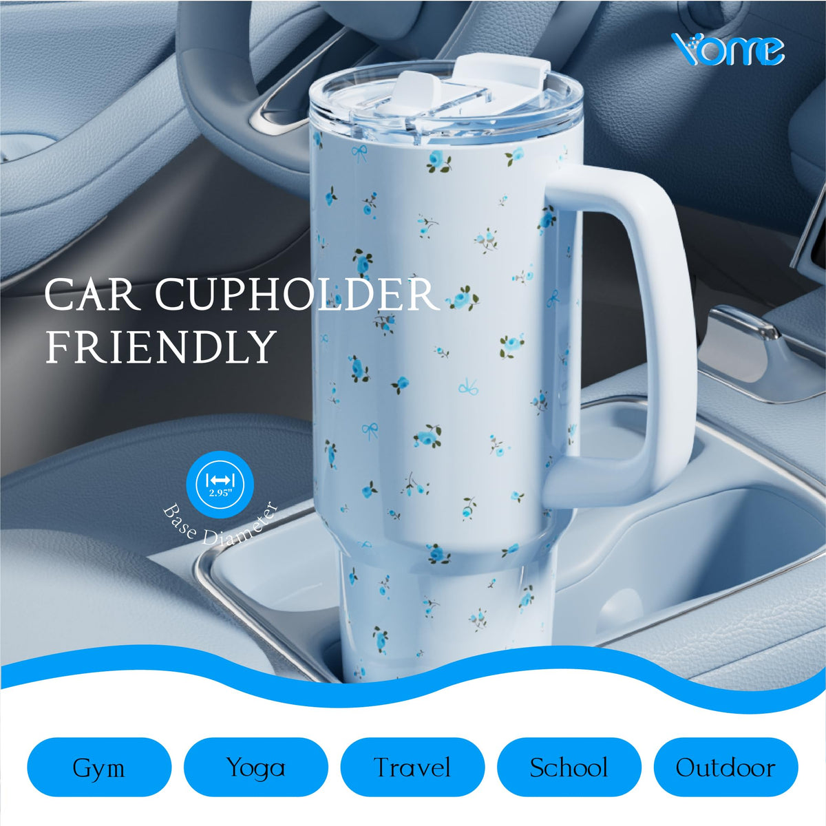 40oz Blue Floral Tumbler with Handle and Flip Straw (Blue Vintage Floral)