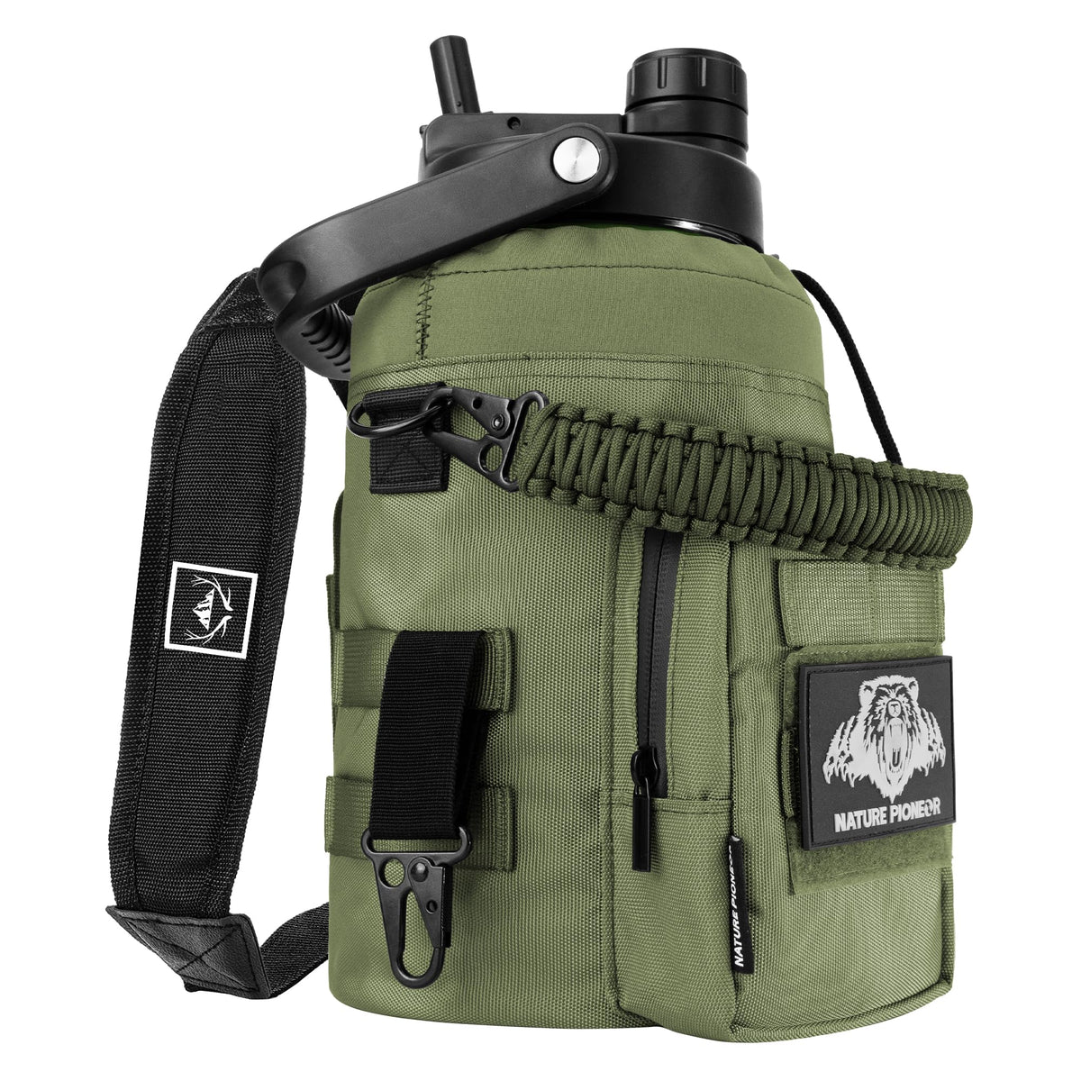 128oz 1 Gallon Tactical Water Bottle with MOLLE Bottle Pouch (Green Black / 128 Ounces)