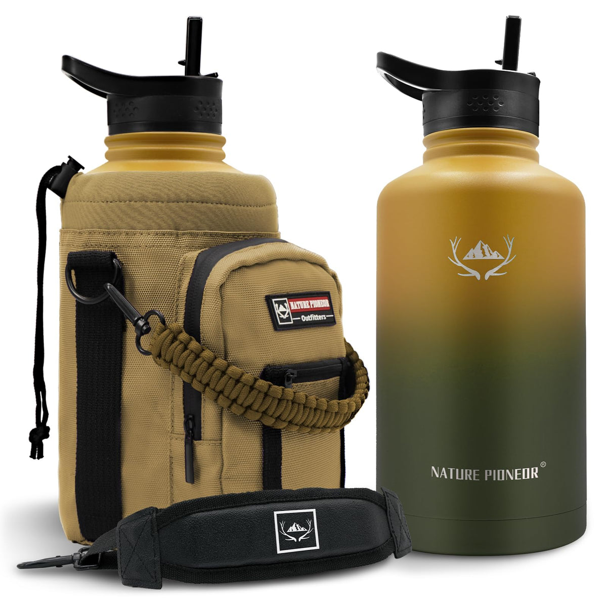 64 oz Insulated Water Bottle with Carrier Bag & 3 Lids (Forest Green / 64 Ounces)