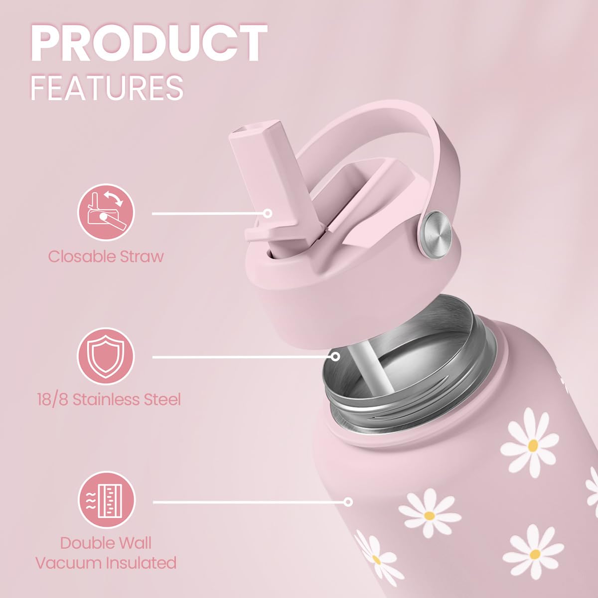 Daisy Water Bottle Stainless Steel 32oz Insulated with Lid (Daisy)
