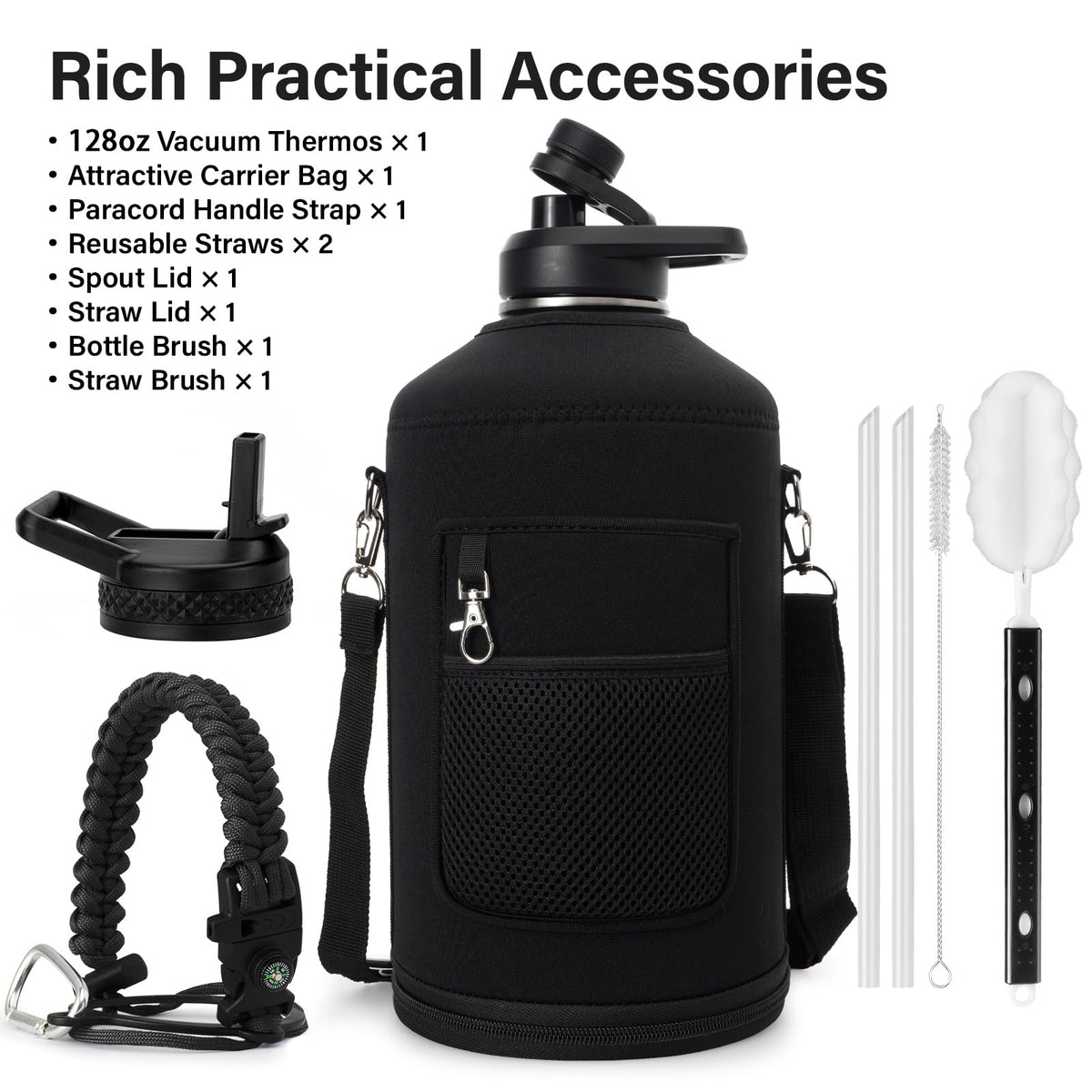 1 Gallon Insulated Water Bottle with Straw & Portable Carrier Bag (Jet Black / 128 Ounces)