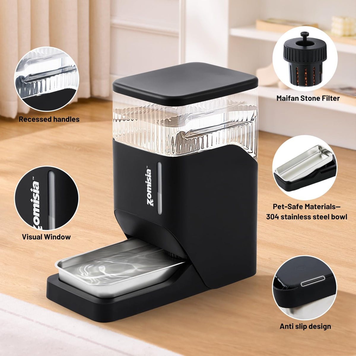 1.6 Gallon Automatic Dog Water Dispenser with Stainless Steel Bowl (Black / 6L)