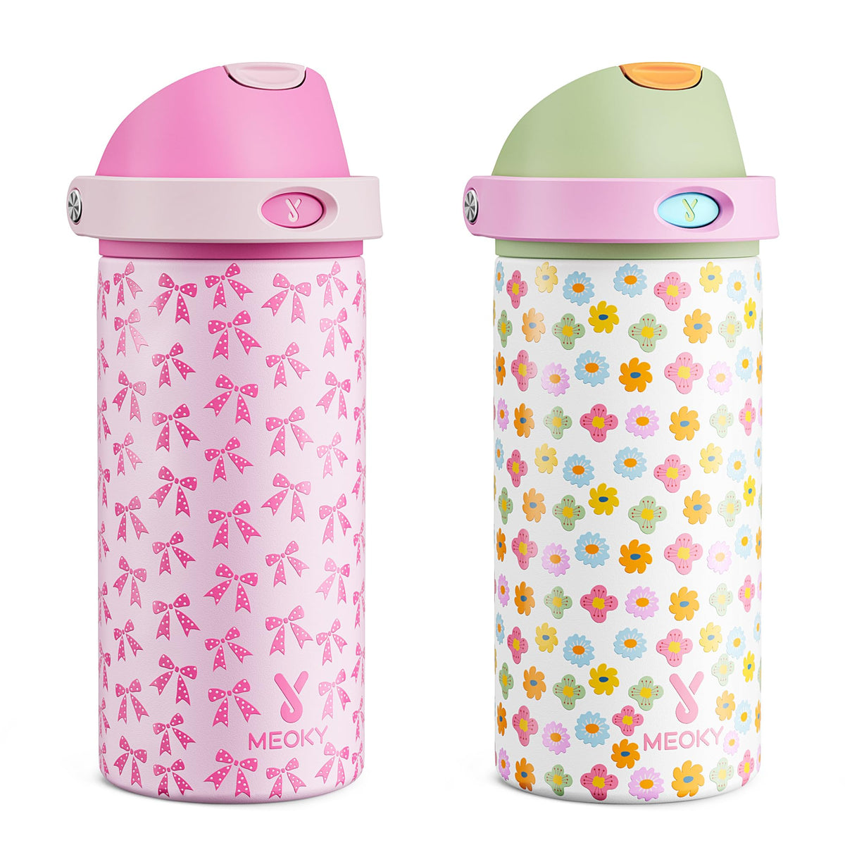 2 Pack 18 oz Insulated Stainless Steel Water Bottles for Kids Girls (Pink Bows & Rainbow Blooms / 18 oz (Pack of 2))