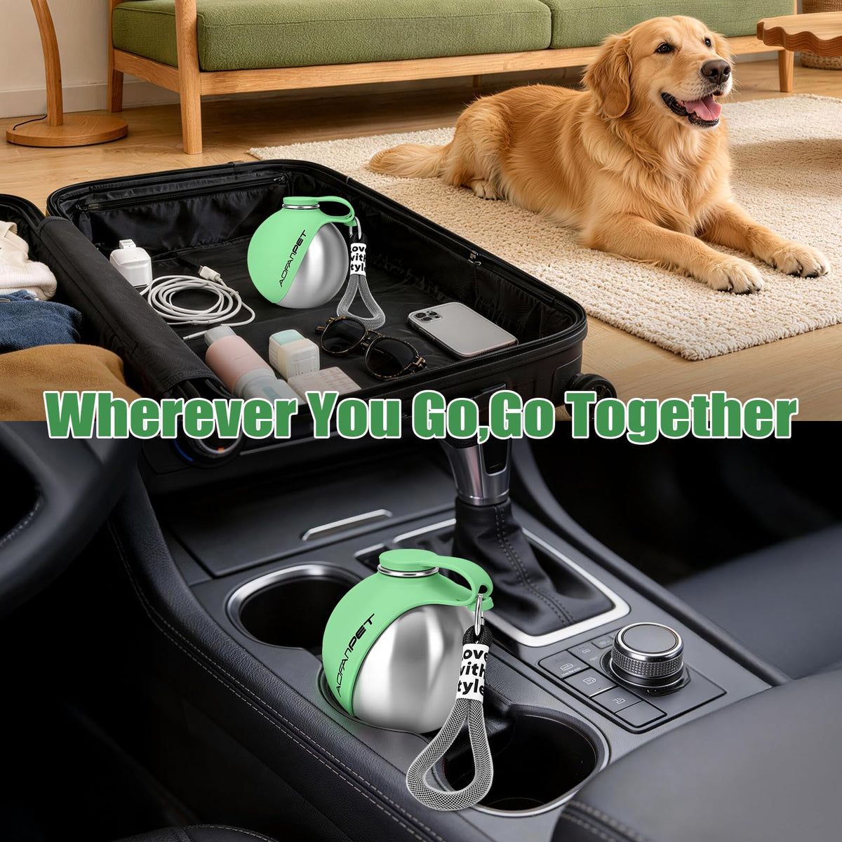 Portable Dog Water Bottle with Bowl (Mint Green)