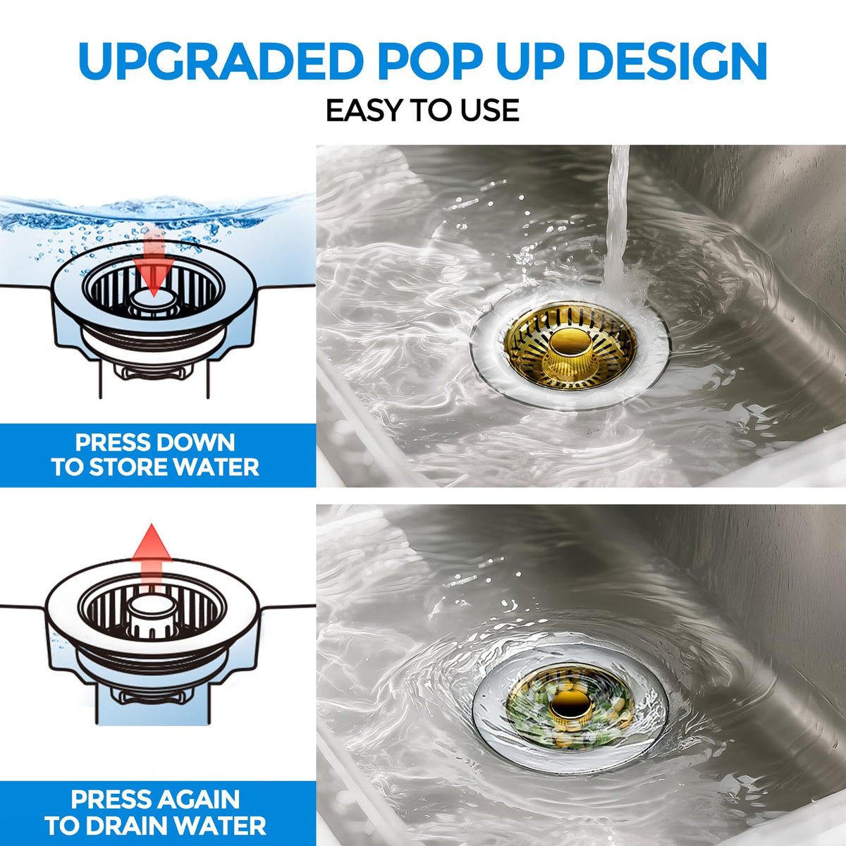 3 in 1 Kitchen Sink Drain Strainer Stopper Removable Basket Pop (Gold)