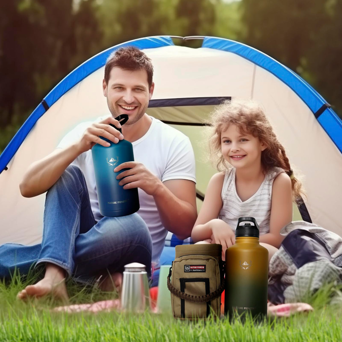 64 oz Insulated Water Bottle with Carrier Bag & 3 Lids (Forest Green / 64 Ounces)