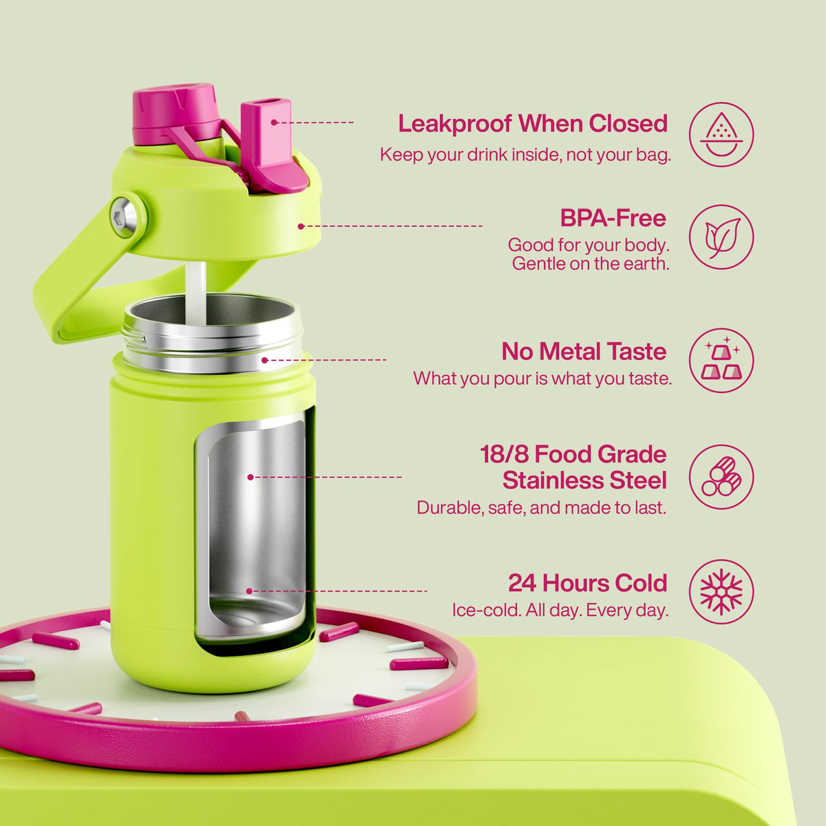 Kids Insulated Water Bottle with Straw (12 Ounces / Acid Green)