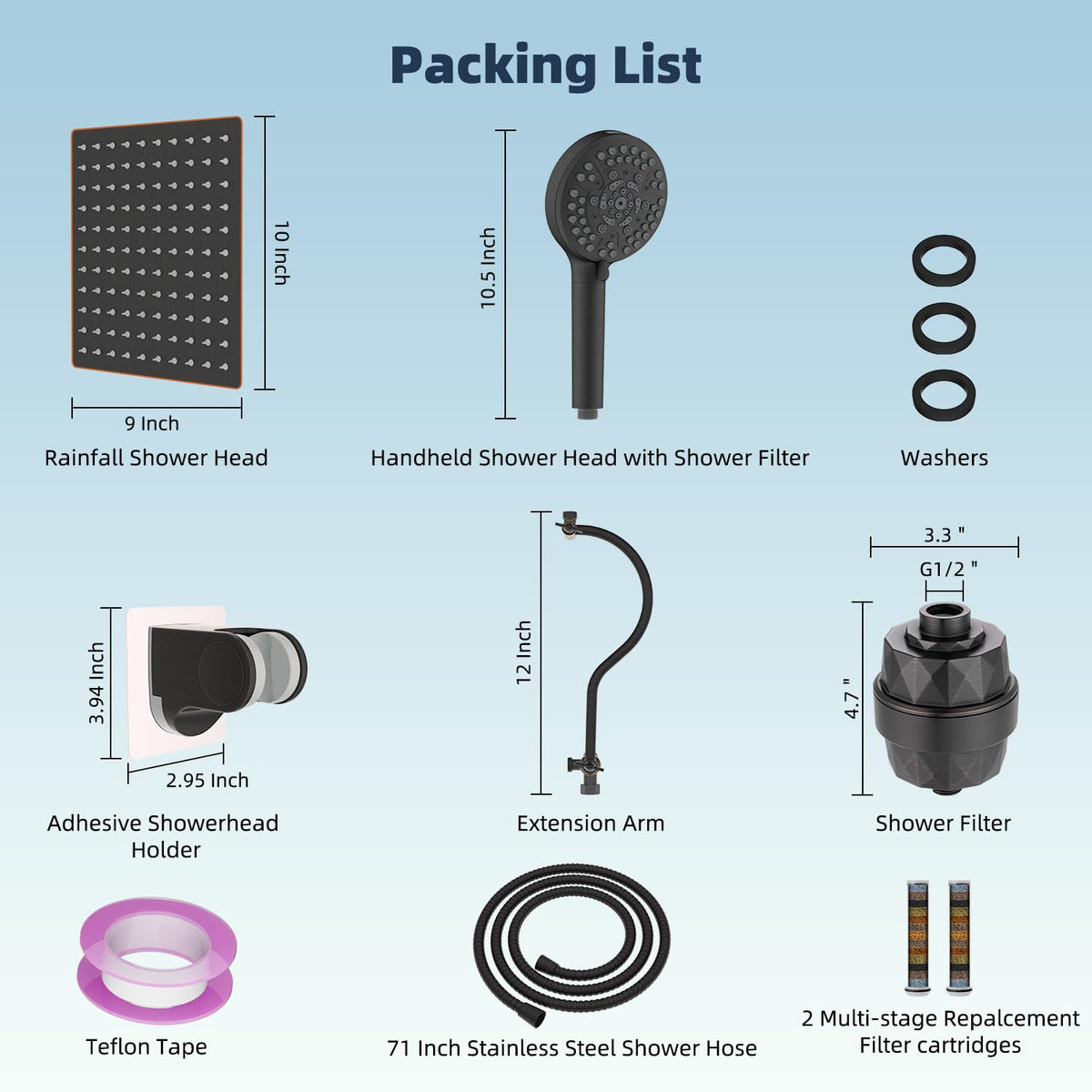 All Metal Dual Filtered Rainfall High Pressure 10'' Shower Head (Square 10'' with Filter / Oil Rubbed Bronze Finished)