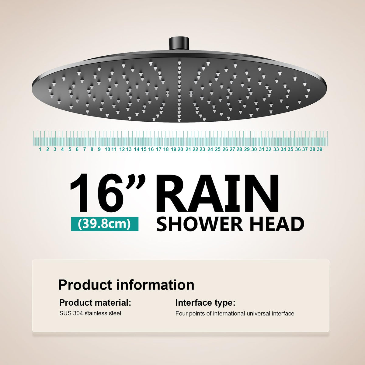 All Metal 16Inch Rain Shower Head (Matte Black / 16 Inch)