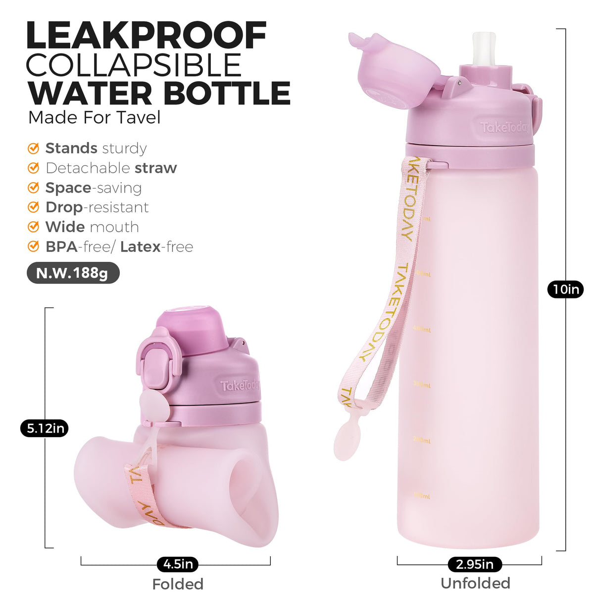 Collapsible Water Bottles with Straw for Travel (Mauve)
