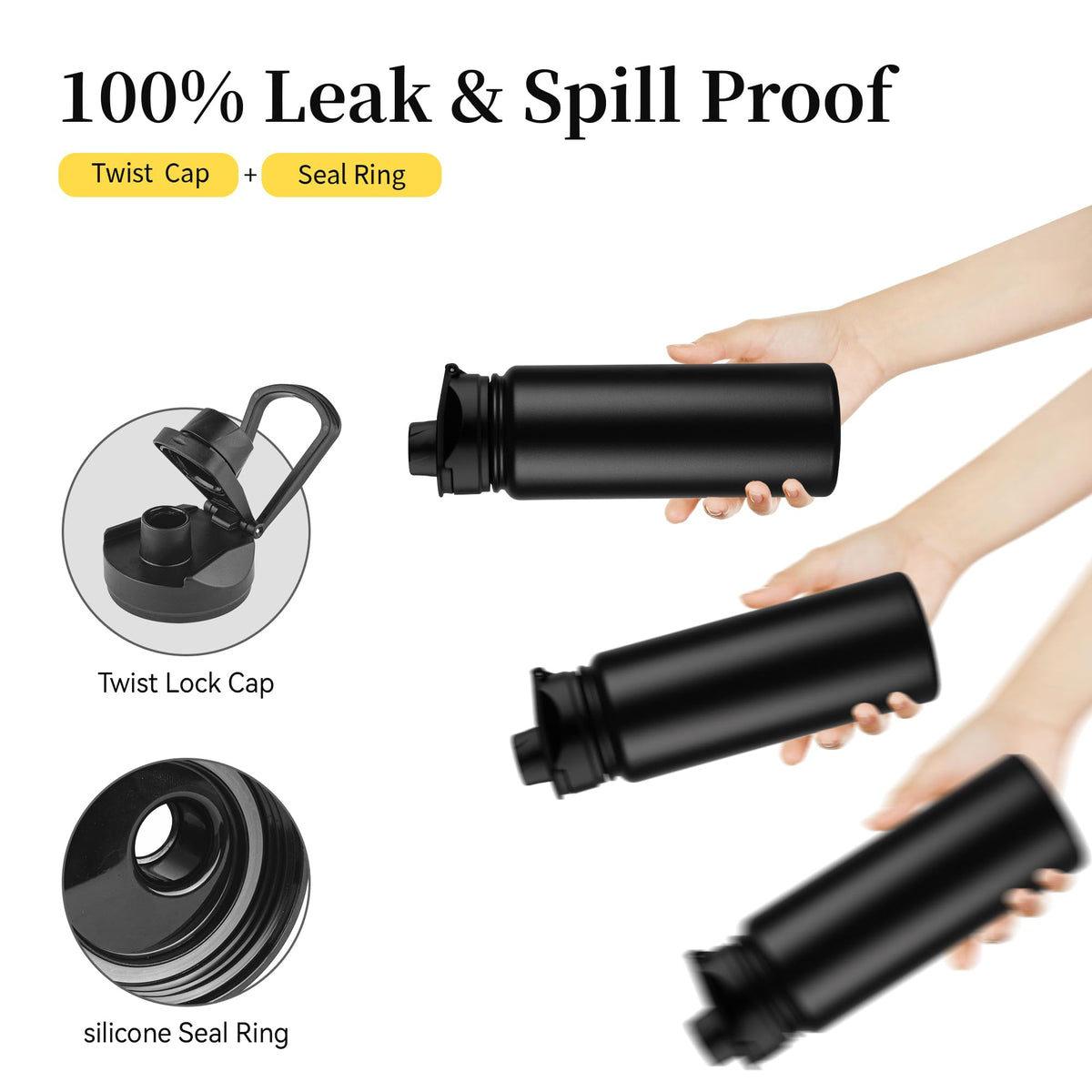 24 oz Insulated Water Bottle with Straw Lid & Wide Mouth Lids (Black / 24 Ounces)