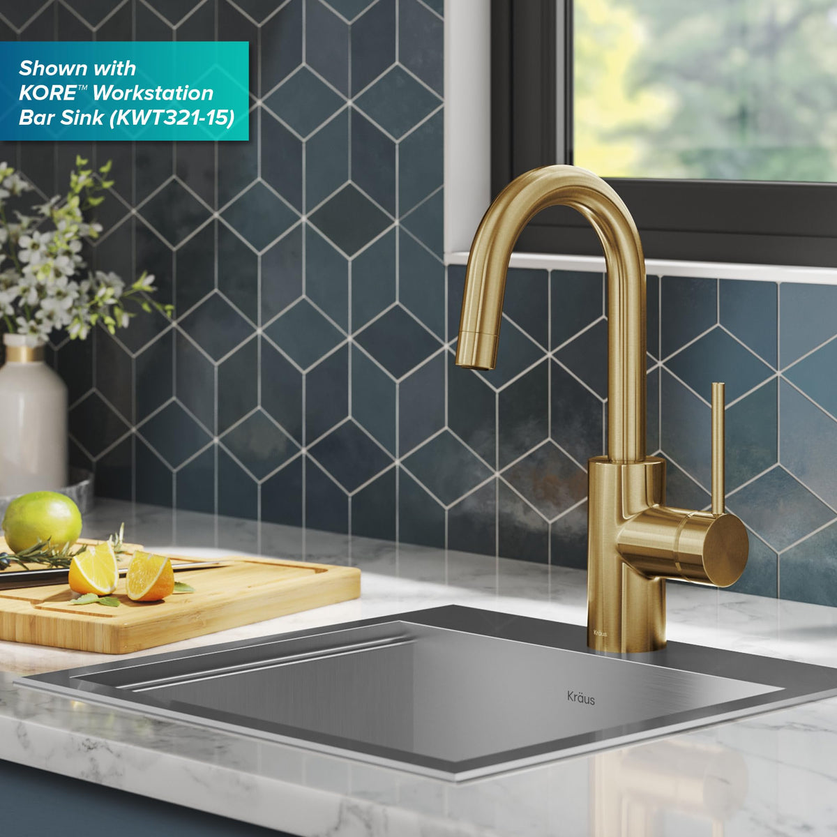 Oletto Single Handle Kitchen Bar Faucet with QuickDock Top Mount Assembly in Brushed Brass (Brushed Brass / Bar Faucet)