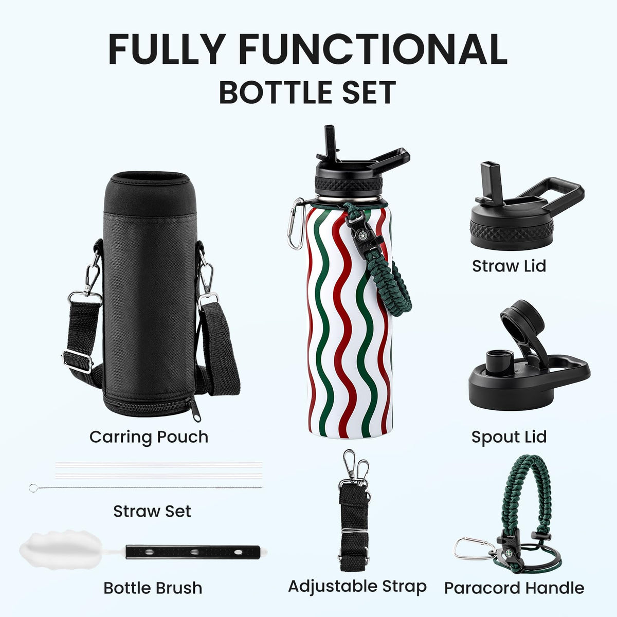 Insulated Water Bottle 40 oz (Mexico-Green White Red Stripe / 40 Ounces)