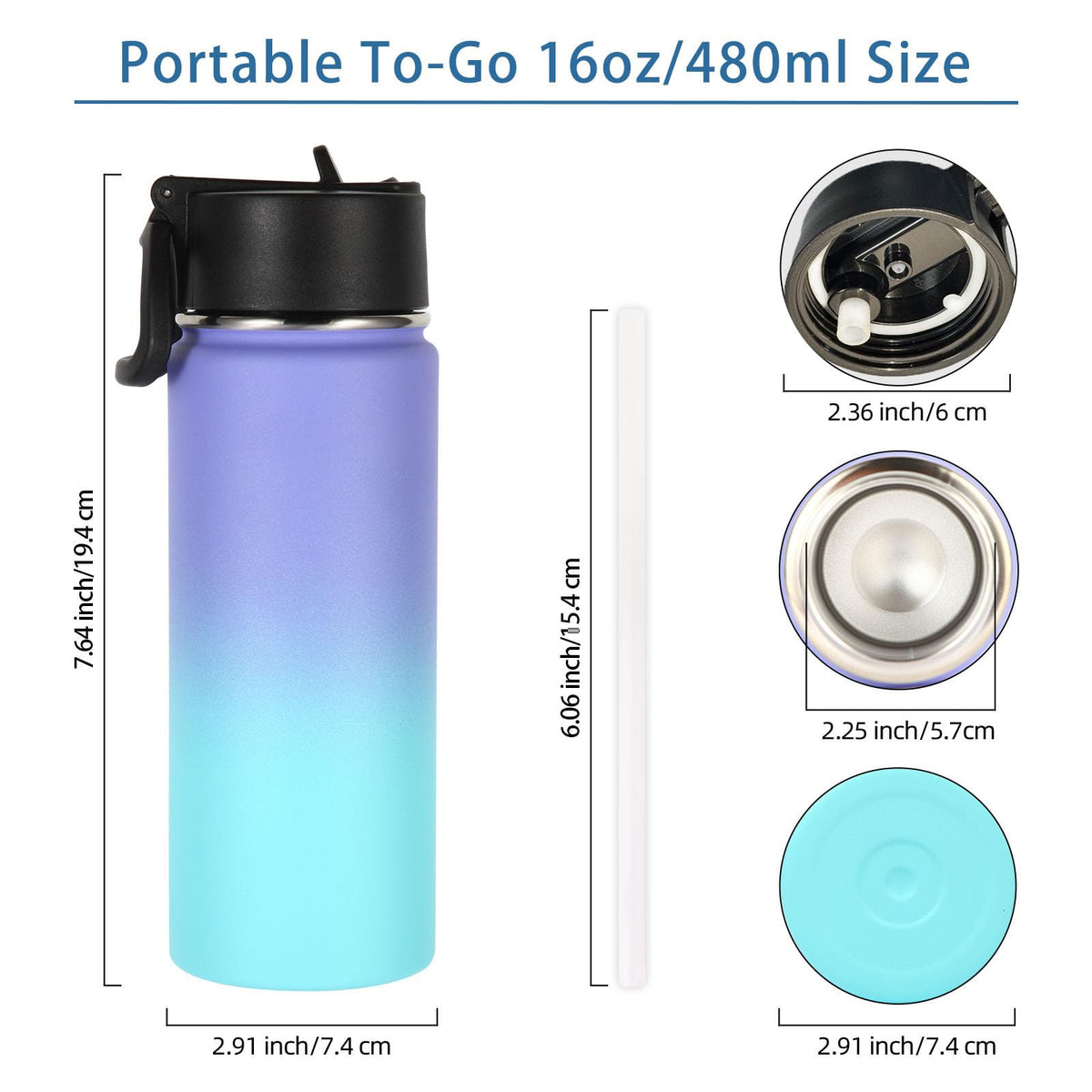 16oz Insulated Water Bottle for Kids with Straw (Purple Blue)