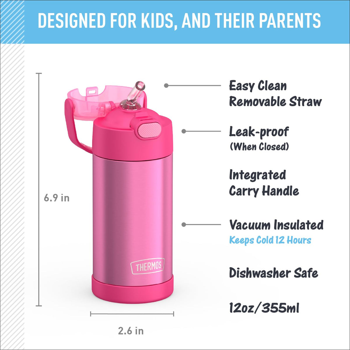 FUNTAINER Water Bottle with Straw (Pink / 12 Ounces)