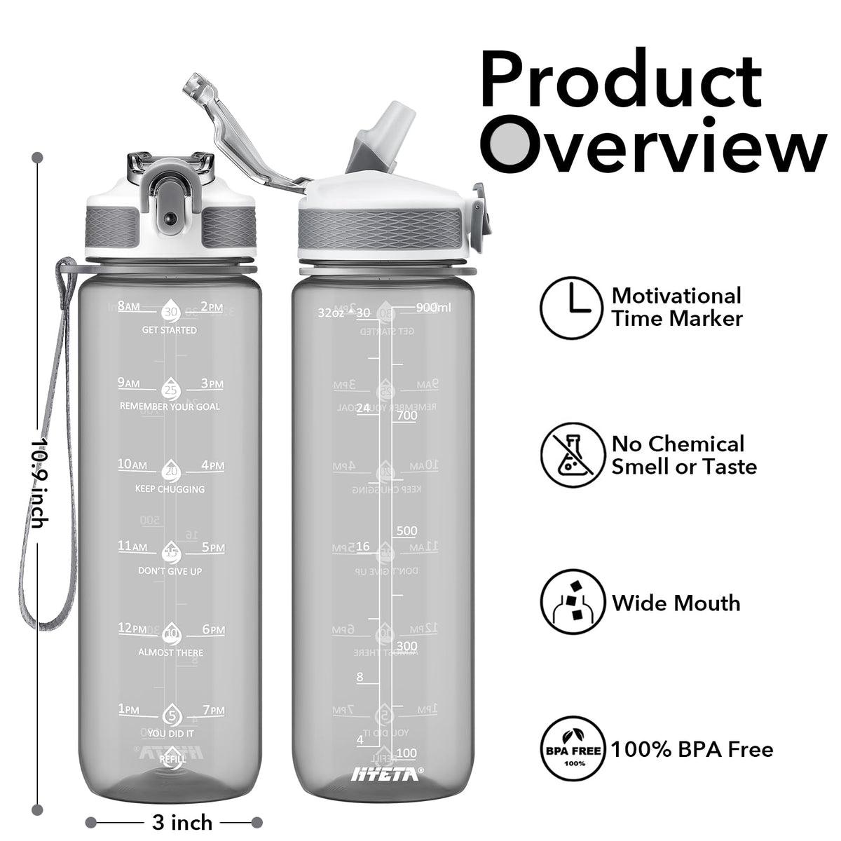 Plastic Water Bottle With Straw & Time Marker (Clear Black)