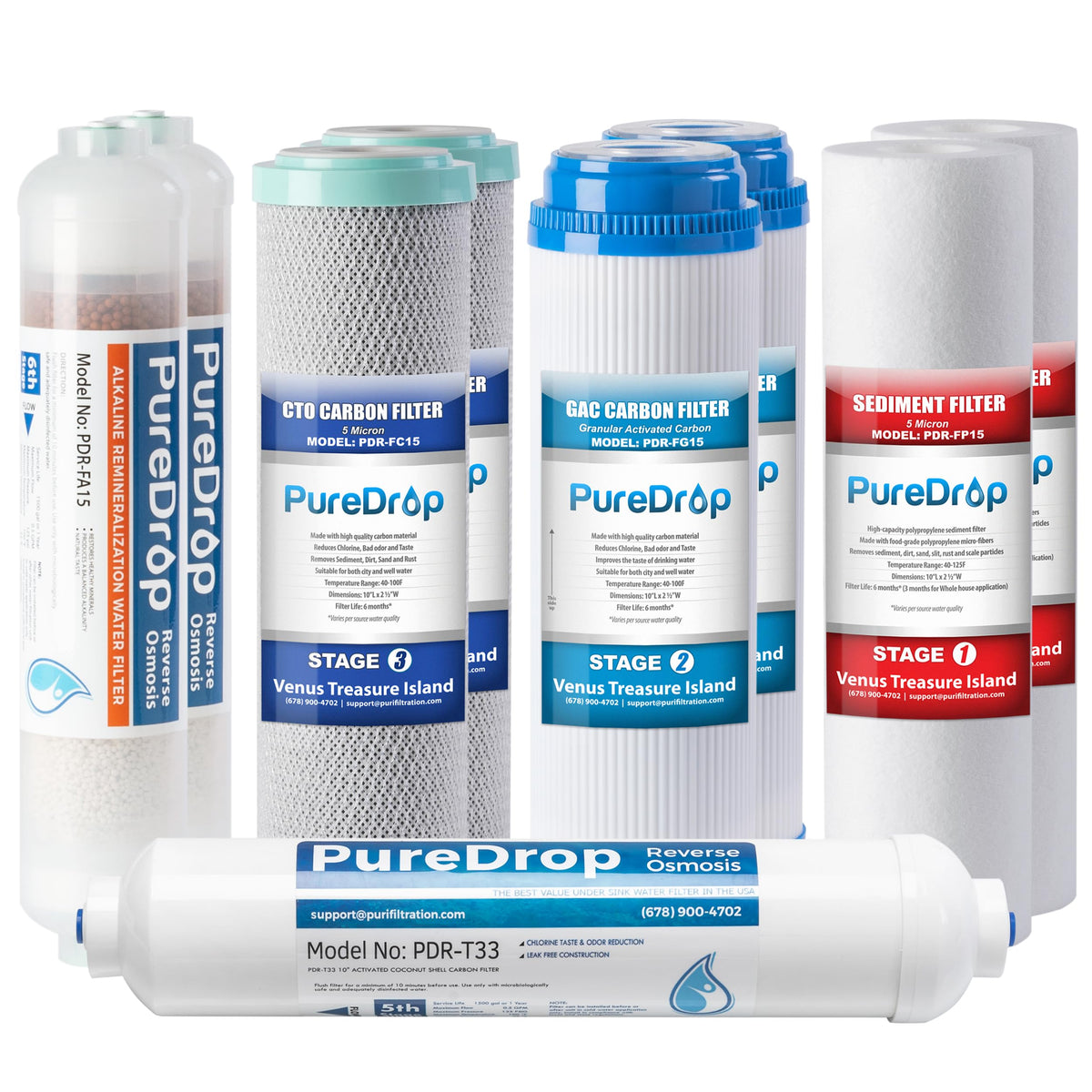 PDR-F9K 1-Year Reverse Osmosis Water Filter Replacement Set for 6-Stage Under-Sink Water Filtration Systems with Alkaline Mineral Filter (1-Year Replacement Filter w/AK)