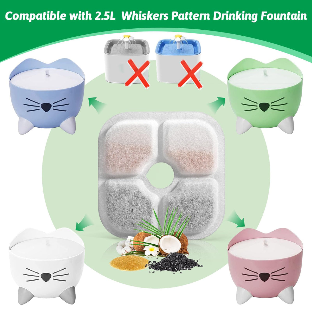 Cat Water Fountain Replacement Filters Fit for 2.5L Fountain with Whiskers Pattern Triple Action Water Pet Cat Drinking Fountain Filter Pack of 16