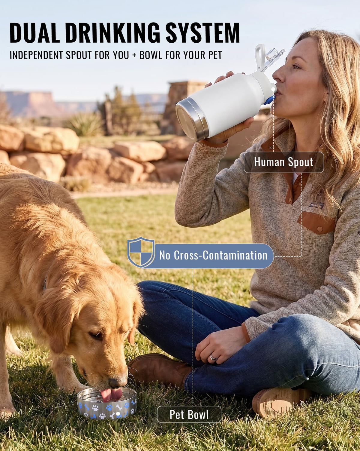 37oz 1.1L Insulated Dog Water Bottle with Carrying Case (White)