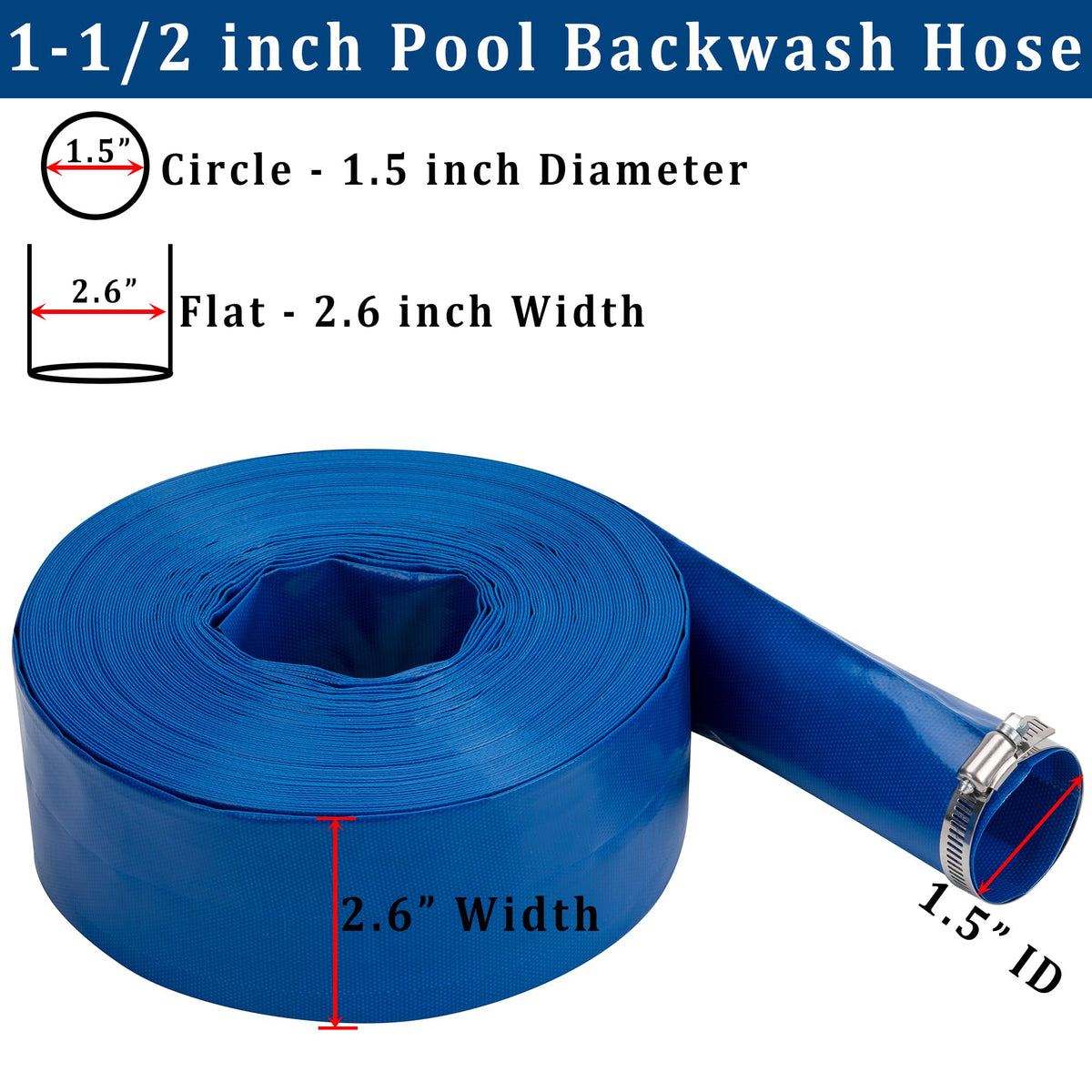 1-1/2 in x 50 ft Pool Backwash Hose Heavy Duty Drain Discharge Vinyl Hoses (Fiber Reinforced Thin Hose / 1.5in-50ft)