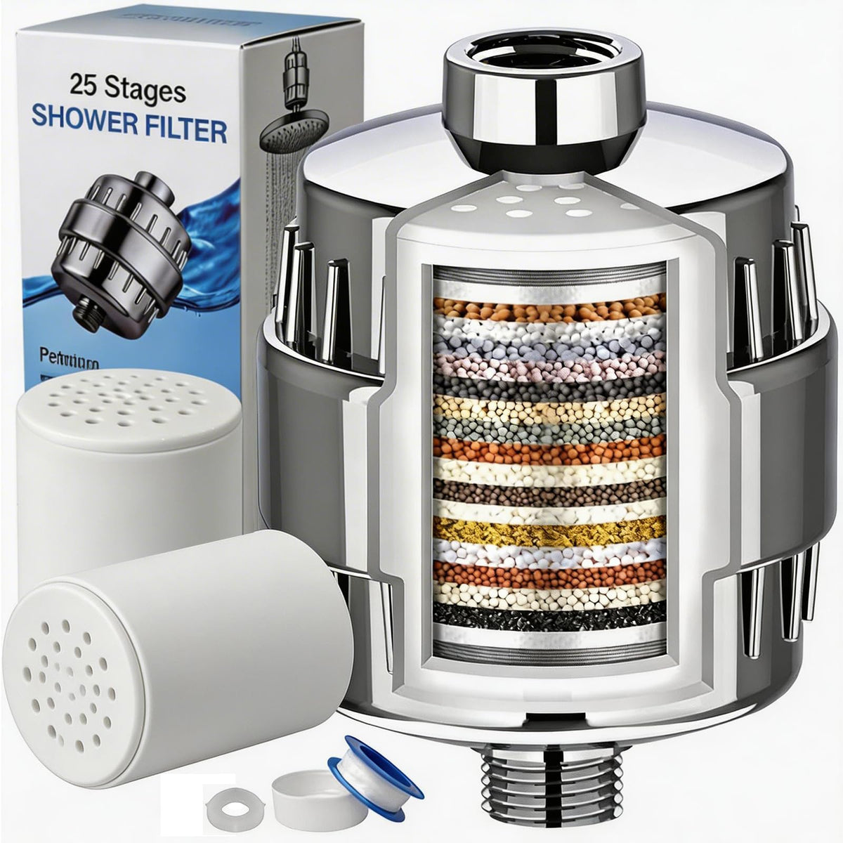 25 Stage Shower Filter for Hard Water with Extra Replacement Cartridge (shower filter kit with 2pcs Cartridge)