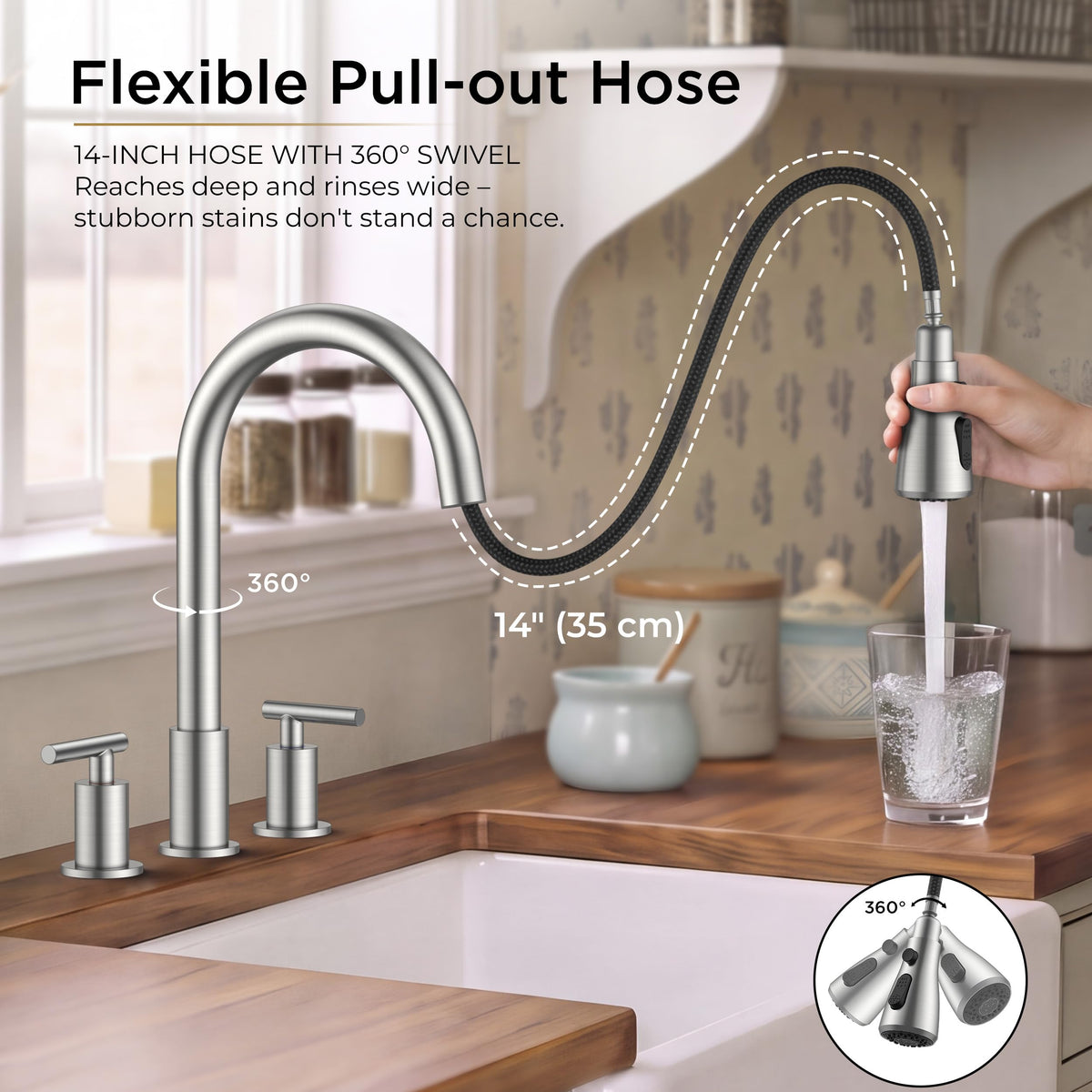 2 Handle Kitchen Faucet with Pull Down Sprayer (Stainless Steel)