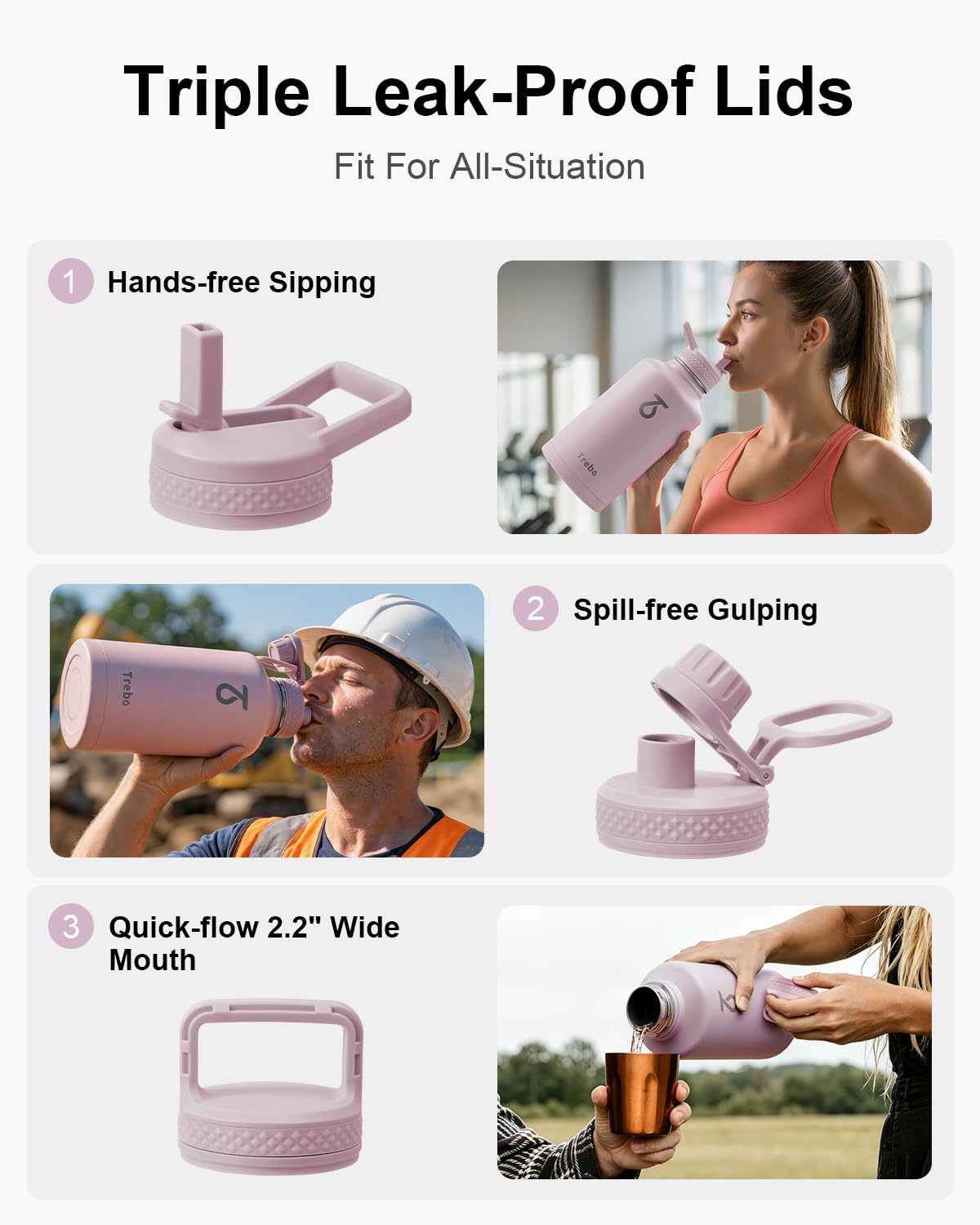 64 oz Water Bottle Stainless Steel with 3 Lids (Purple / 64 Ounces)