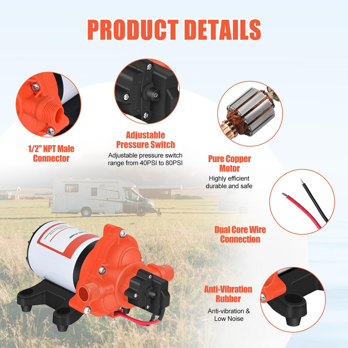 DC 12V RV Water Pump 3.5GPM 45PSI (Orange-1)
