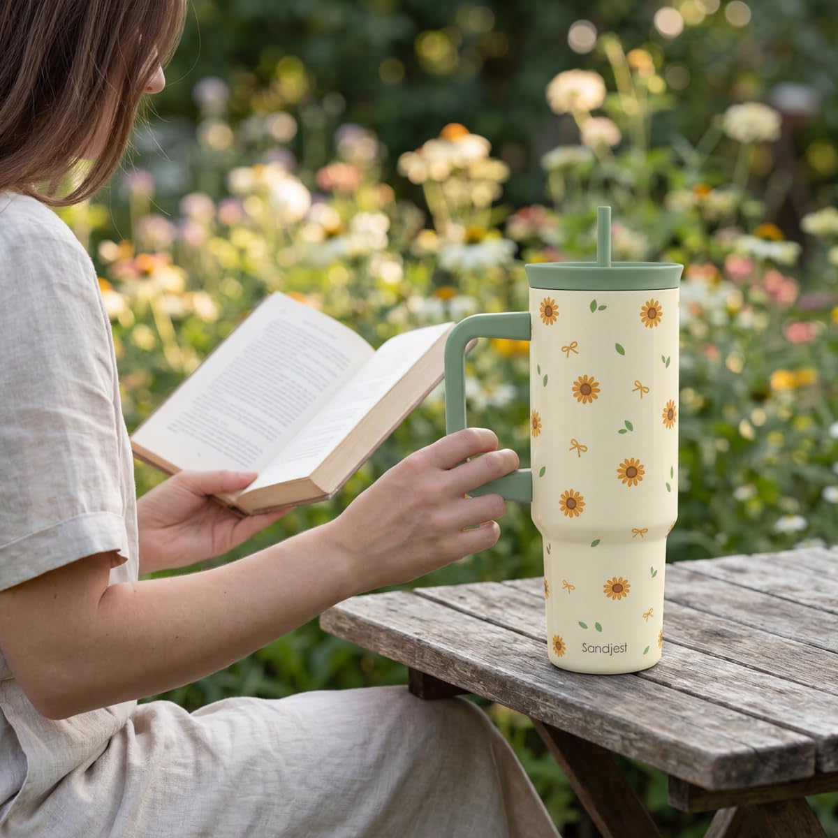 Sunflower Stainless Steel Locking Lid Silicone Straw Tumbler with Handle 40oz (Sunflower)