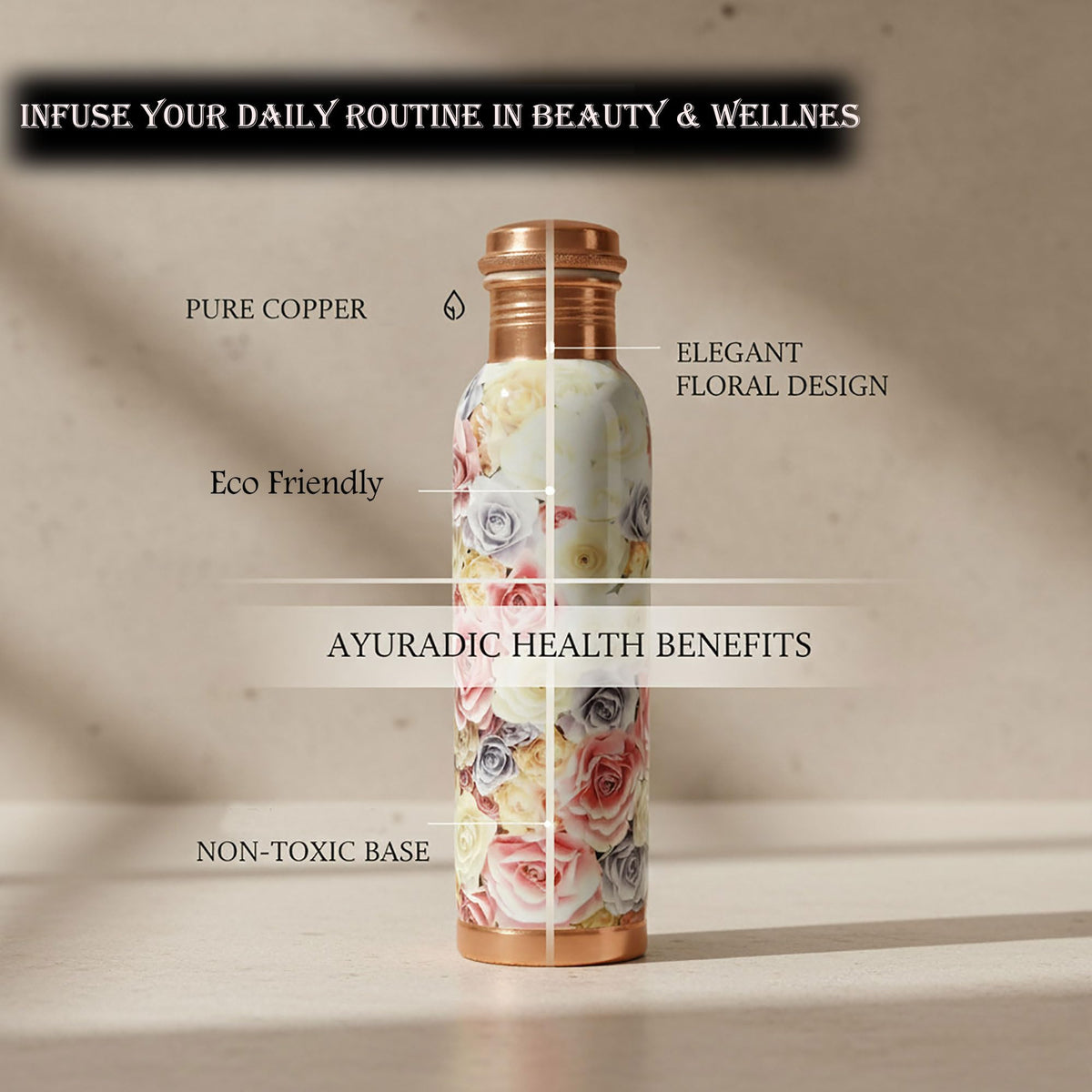 Pure Printed Copper Water Bottle (950 ml / Design 33)