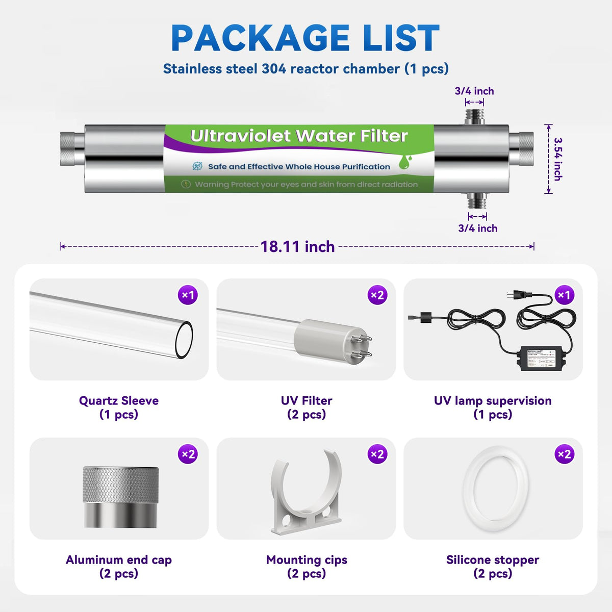 UV Water Filter Whole House 120V 55W (55W-3/4inch)
