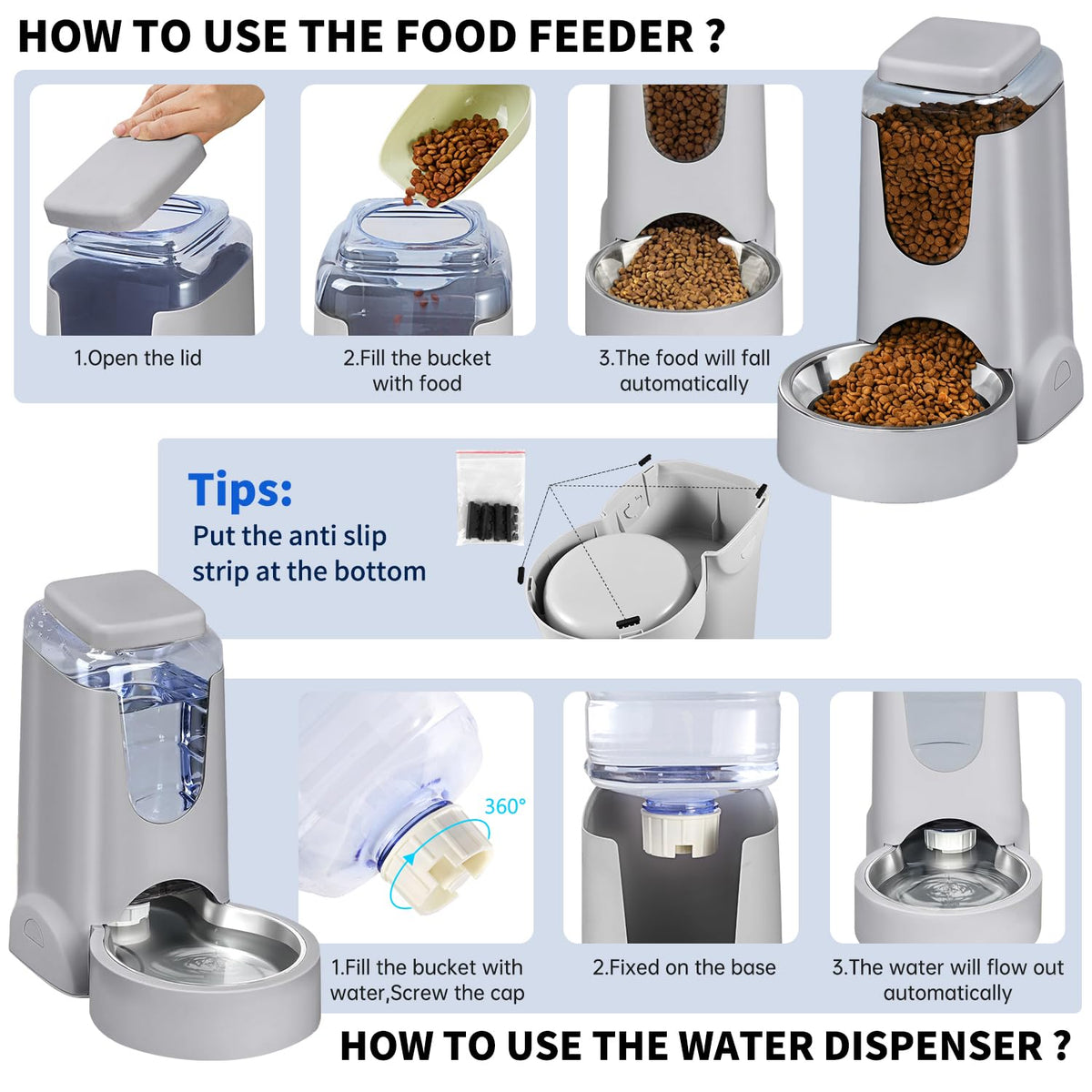 Portable Automatic Cat Feeder and Water Dispenser with Stainless Steel Bowl Dog Gravity Food Feeder and Waterer for Small Medium Pets Puppy Kitten 1 Gallon x 2 (Sky Blue)