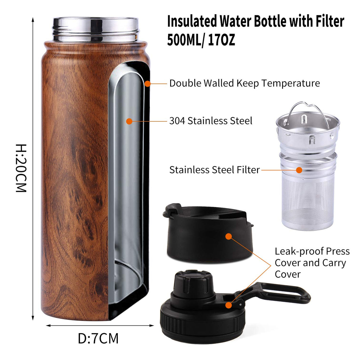 Tea Infuser Bottle With Removable Loose Leaf Tea Strainer (Wood / 18 Ounces)