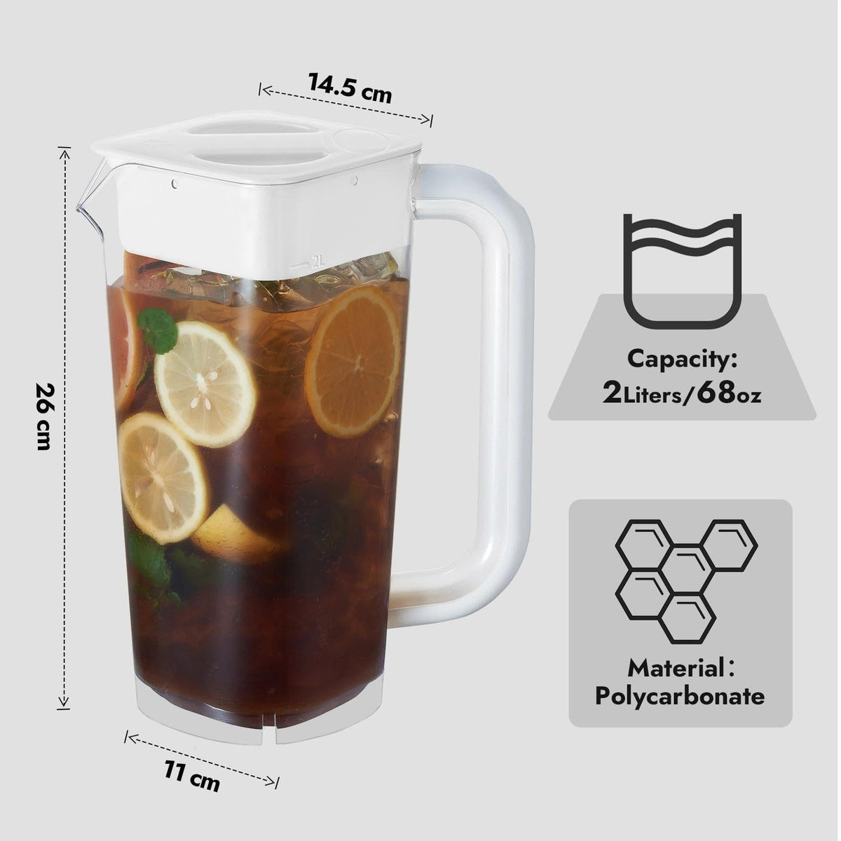 4 Pack 2L 68 oz Plastic Pitcher with Lid & Handle (White-brown-4pack)
